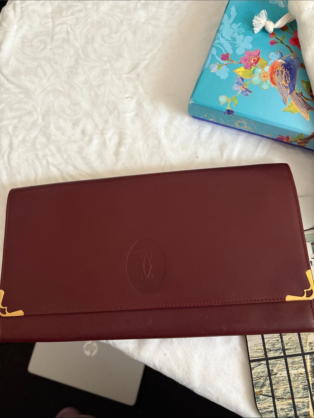 Cartier Burgundy Leather Clutch with Gold-Tone Corners